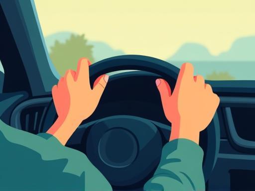 Person looking relaxed while holding a steering wheel, suggesting peace of mind
